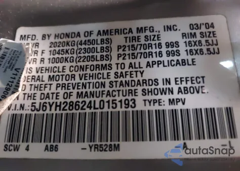 2004 Honda Element Ex from USA, damaged, VIN 5J6YH28624L015193